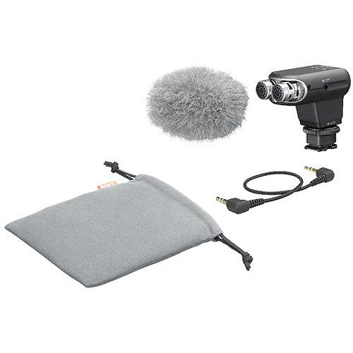 Sony ECM-XYST1M compact on-camera stereo microphone with adjustable pickup angle and Multi Interface Shoe connection.