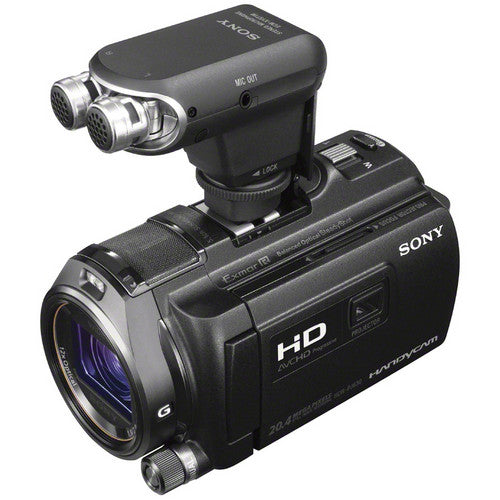 Sony ECM-XYST1M compact on-camera stereo microphone with adjustable pickup angle and Multi Interface Shoe connection.