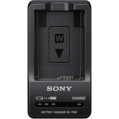 Sony BC-TRW W Series Battery Charger for NP-FW50 battery, featuring LED charge indicator and compact design.