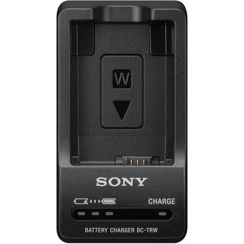 Sony BC-TRW W Series Battery Charger for NP-FW50 battery, featuring LED charge indicator and compact design.
