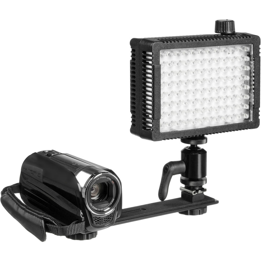 Camera with a mounted LED light on a white background