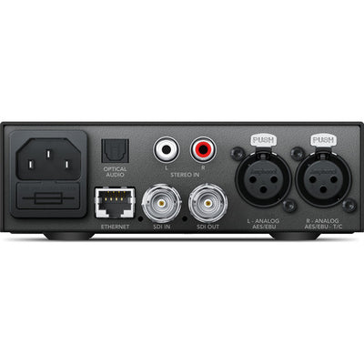 Embed high-quality analog or digital audio into any 12G-SDI video feed with the Blackmagic Design Teranex Mini Audio to SDI 12G Converter.