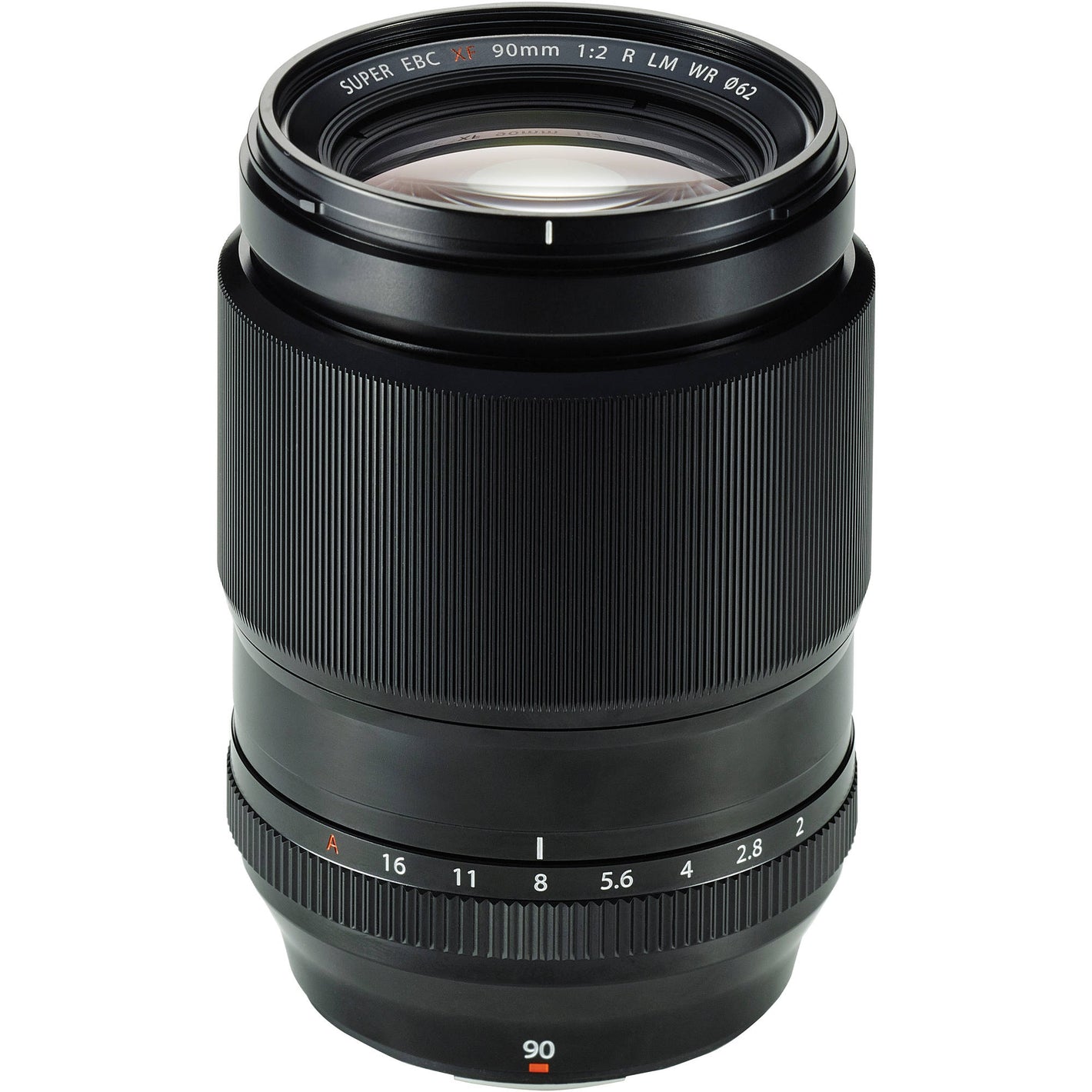 Black camera lens with focus ring and brand logo on a white background