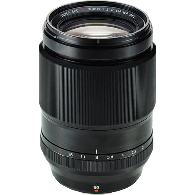 Black camera lens with focus ring and brand logo on a white background