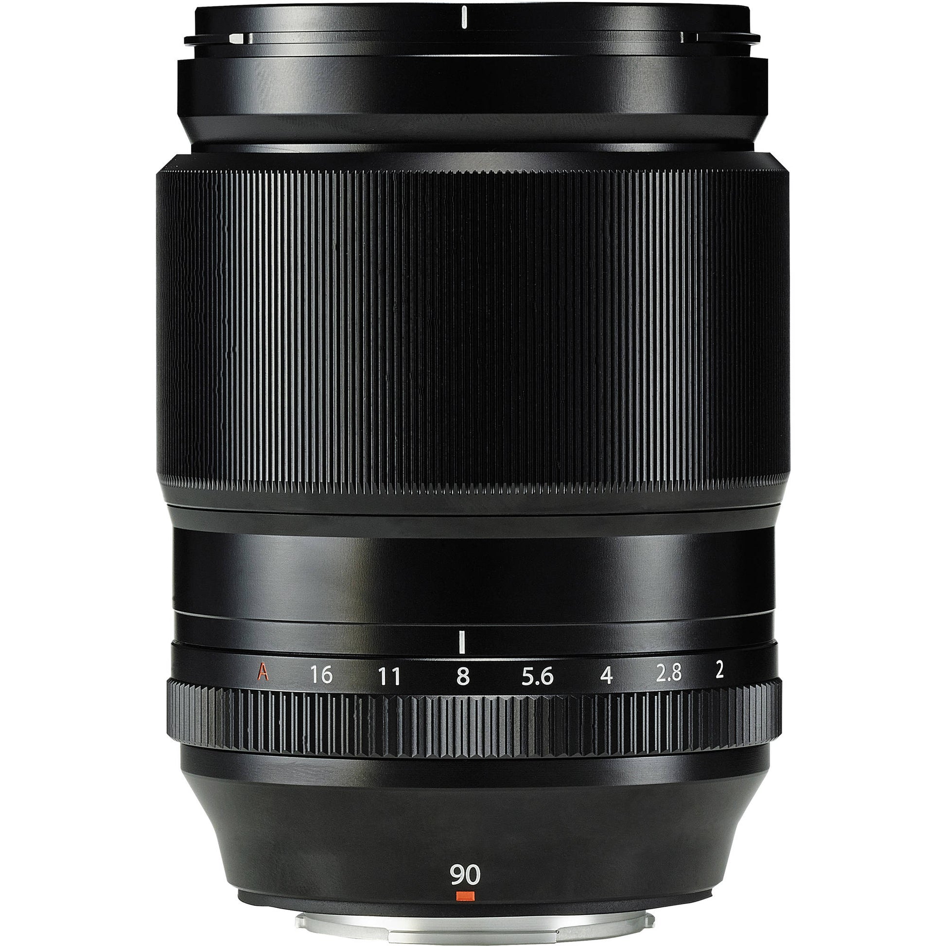 Black camera lens with focus ring and brand logo on a white background