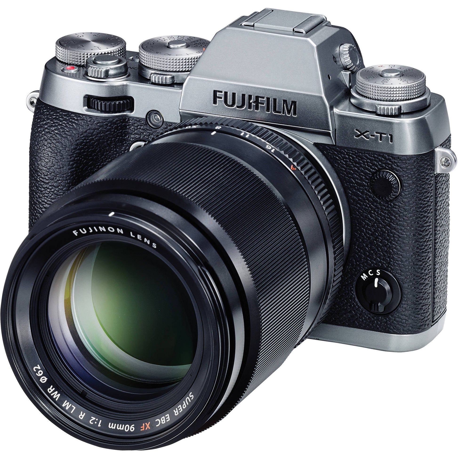 Fujifilm camera with lens on a white background