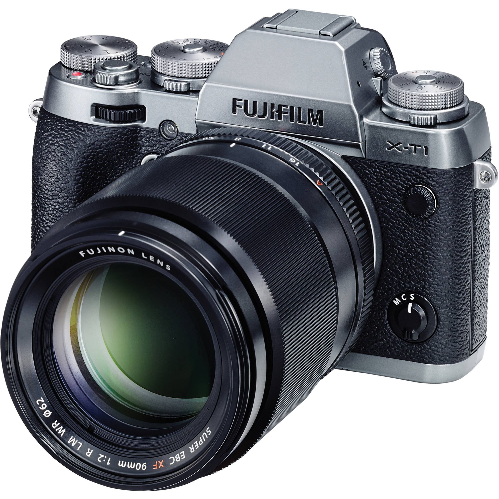 Fujifilm camera with lens on a white background