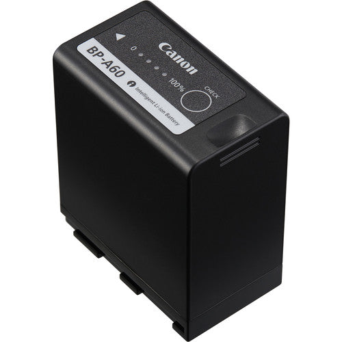 Canon BP-A60 rechargeable lithium-ion battery pack with 90 watt-hour capacity, designed for professional Canon video cameras like EOS C300 Mark II and C200 series.