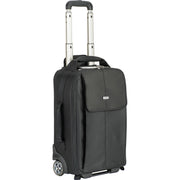 Think Tank Airport Advantage — compact rolling camera bag with customizable dividers, dedicated 15” laptop compartment, tripod mount, and water bottle pocket.