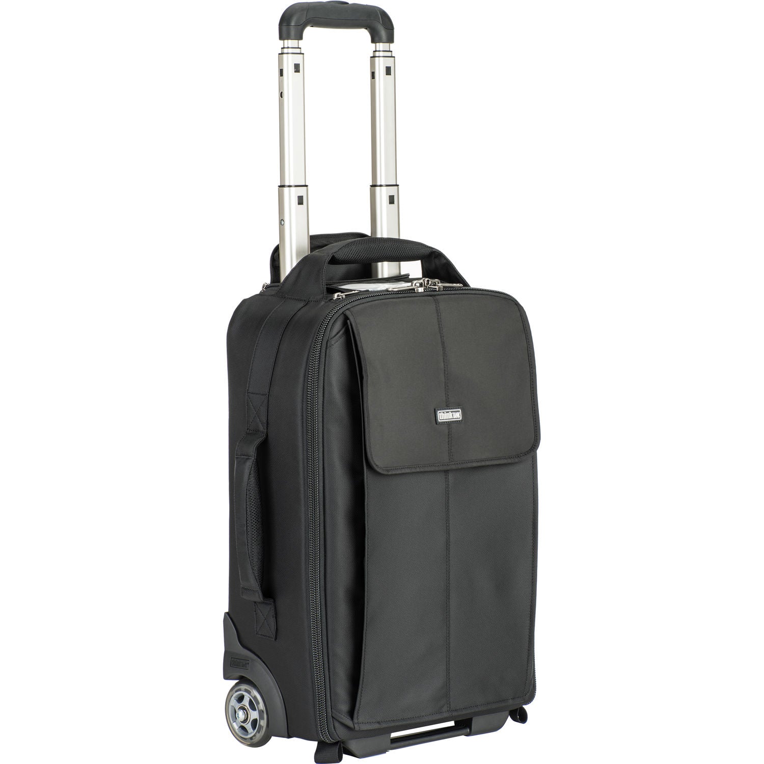 Think Tank Airport Advantage — compact rolling camera bag with customizable dividers, dedicated 15” laptop compartment, tripod mount, and water bottle pocket.