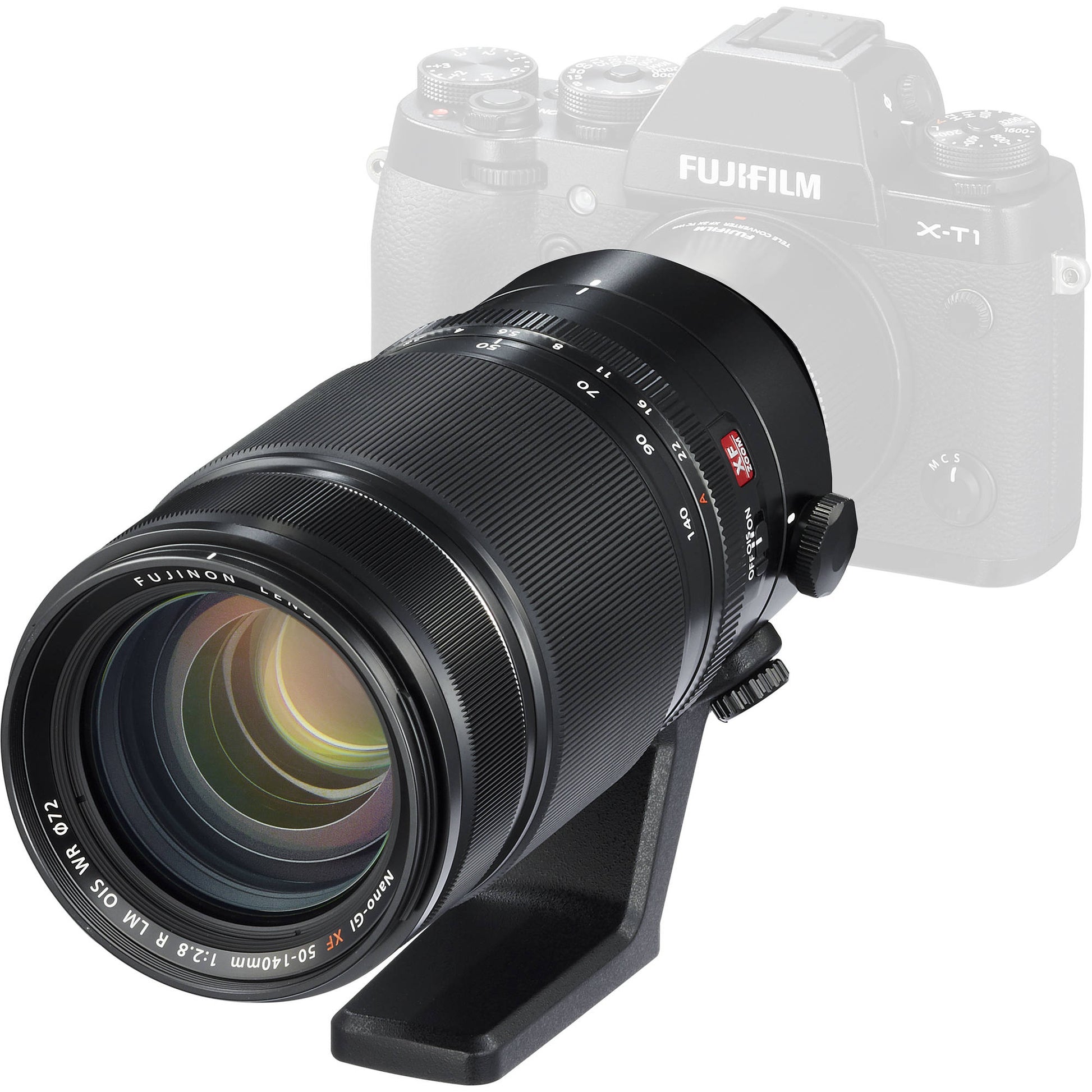 Fujifilm camera with a large lens on a white background