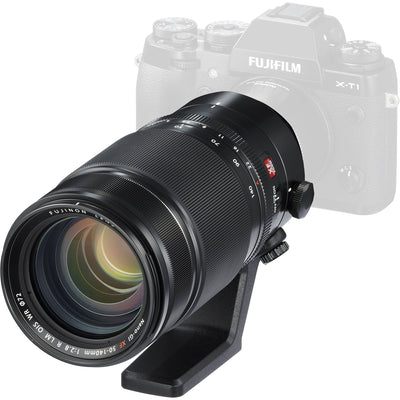 Fujifilm camera with a large lens on a white background