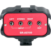 Compact, two-channel audio mixer for DSLR cameras and camcorders, without dual mic inputs, enabling seamless connection.