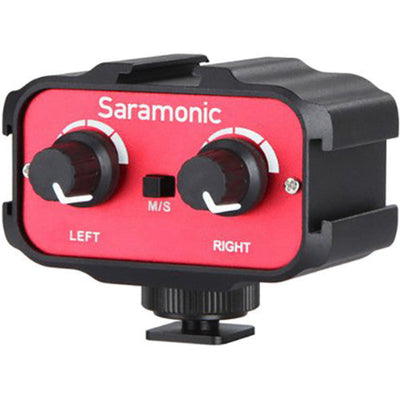 Compact, two-channel audio mixer for DSLR cameras and camcorders, without dual mic inputs, enabling seamless connection.