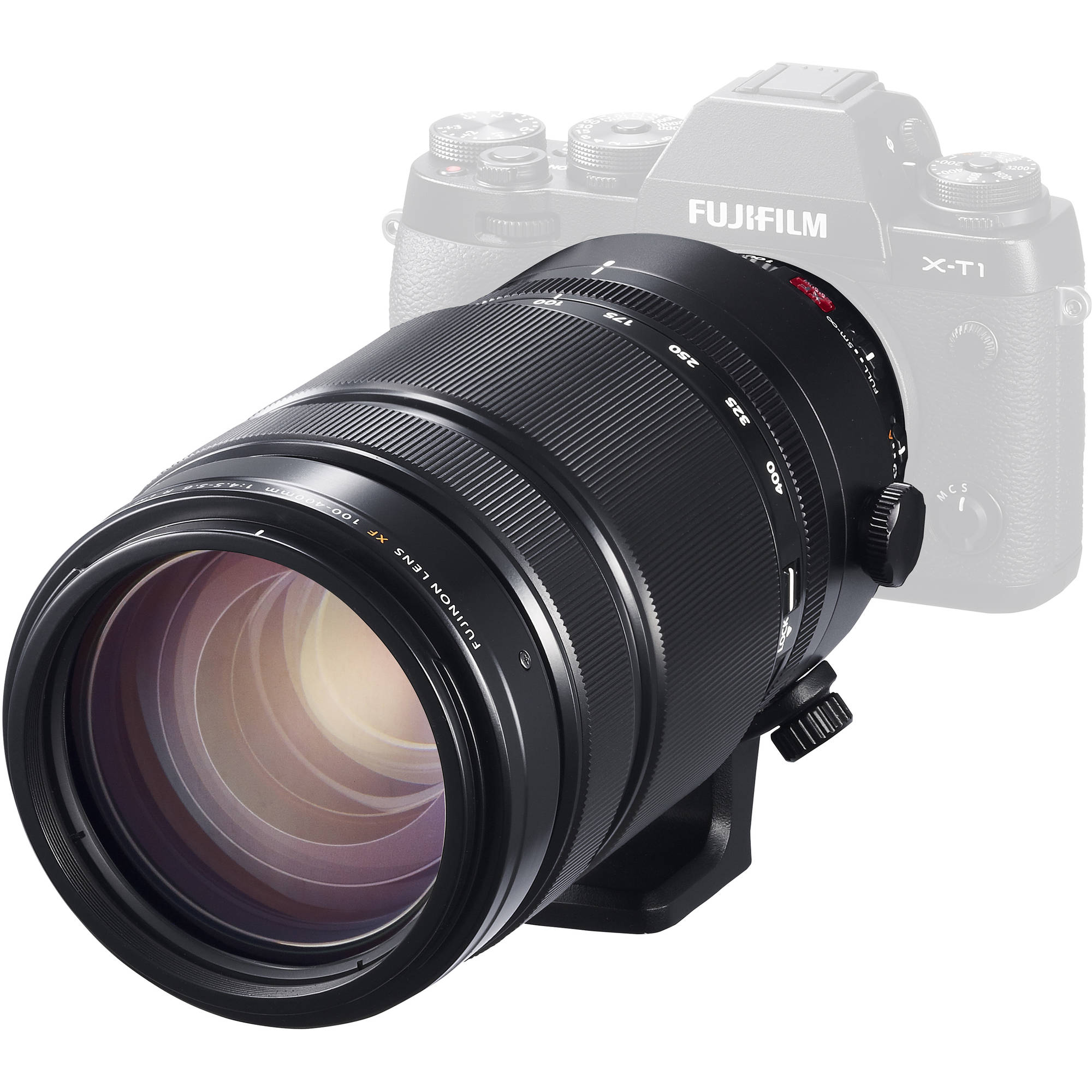 Fujifilm camera with a large lens on a white background