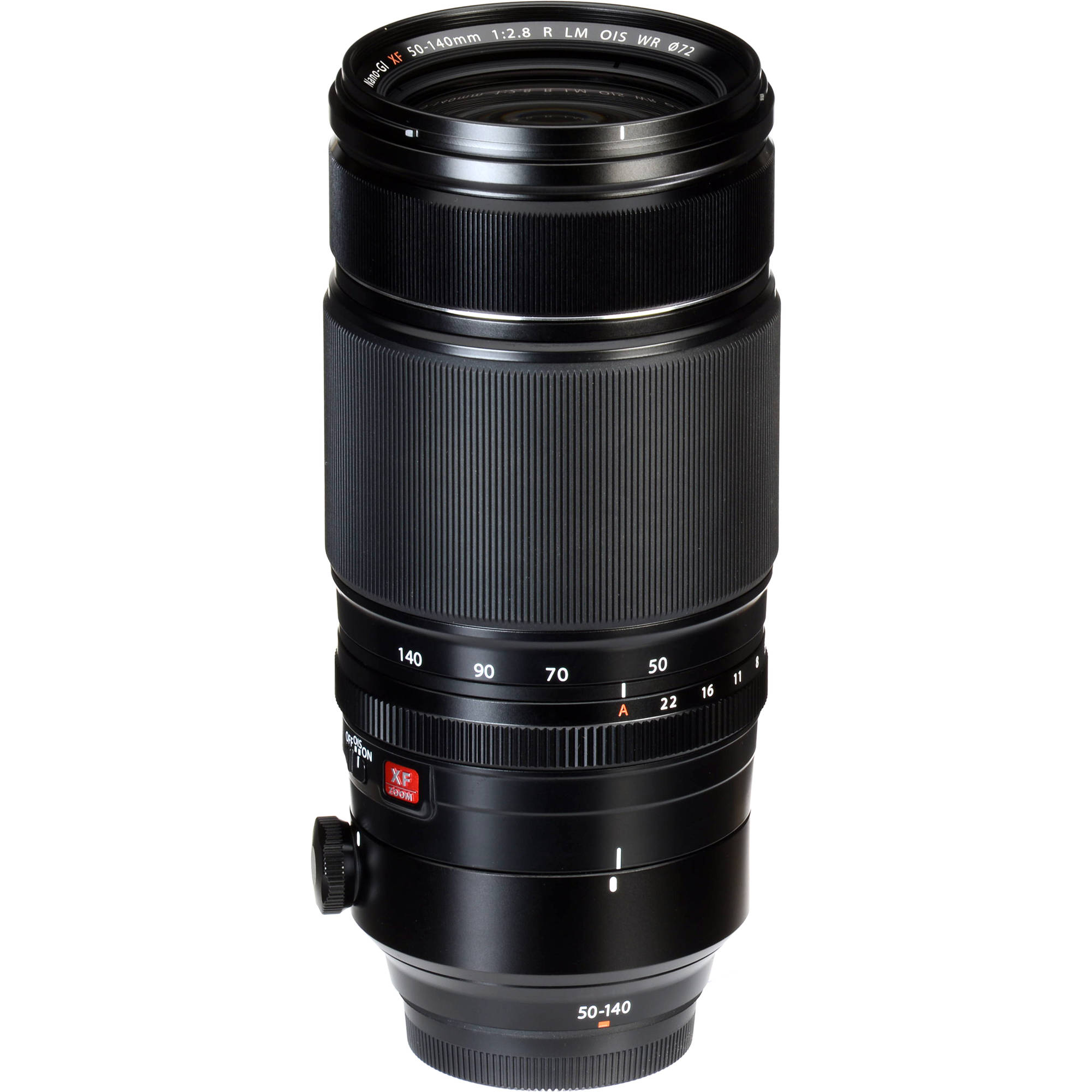 Camera lens with focus and aperture controls on a white background