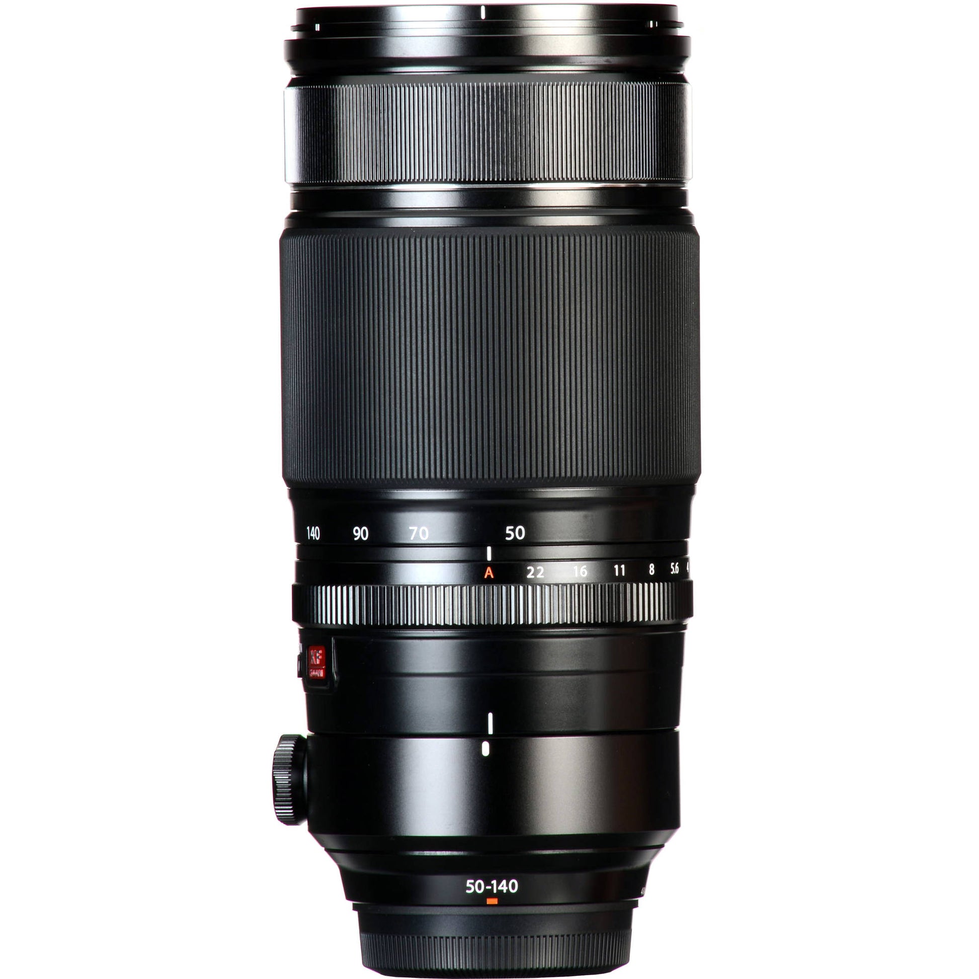 Camera lens with focus and aperture controls on a white background