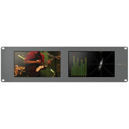 Blackmagic Design SmartScope Duo 4K dual 6G-SDI rack-mounted monitors for professional video analysis.