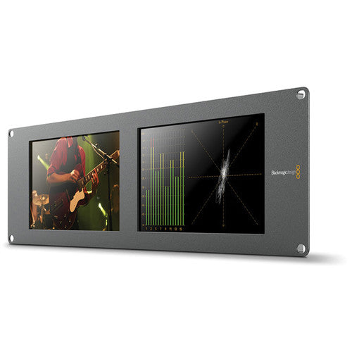 Blackmagic Design SmartScope Duo 4K dual 6G-SDI rack-mounted monitors for professional video analysis.