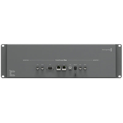 Blackmagic Design SmartScope Duo 4K dual 6G-SDI rack-mounted monitors for professional video analysis.