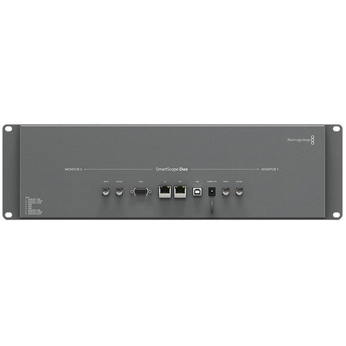 Blackmagic Design SmartScope Duo 4K dual 6G-SDI rack-mounted monitors for professional video analysis.