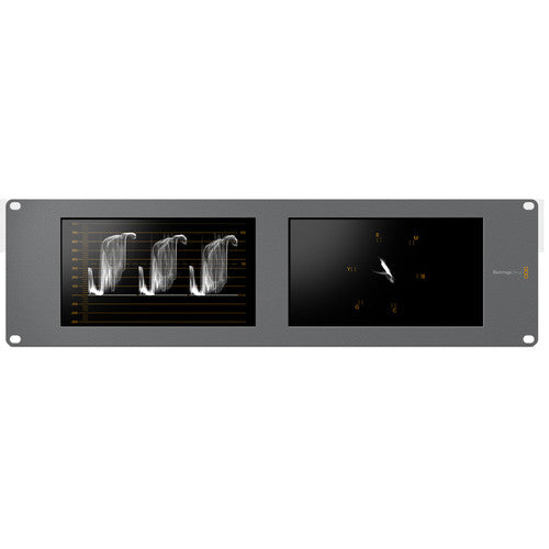Blackmagic Design SmartScope Duo 4K dual 6G-SDI rack-mounted monitors for professional video analysis.