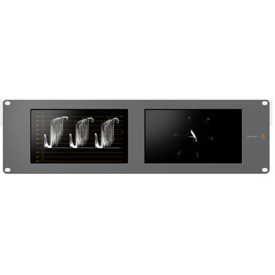 Blackmagic Design SmartScope Duo 4K dual 6G-SDI rack-mounted monitors for professional video analysis.