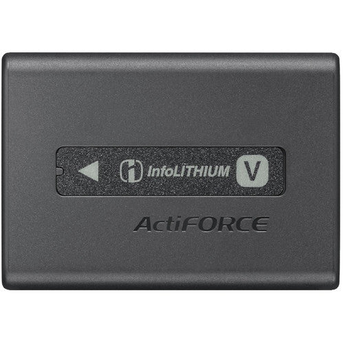 Sony NP-FV100A rechargeable lithium-ion battery pack for select Handycam camcorders, offering long-lasting power.