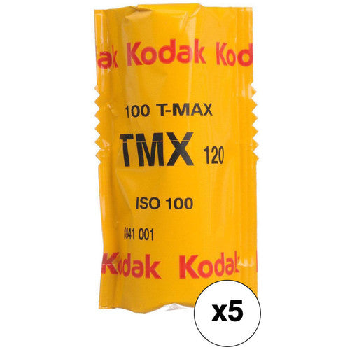 Kodak Professional T-Max 100 120mm film 5-pack offering ultra-fine grain, sharpness, and smooth tonal range for professional black-and-white photography.
