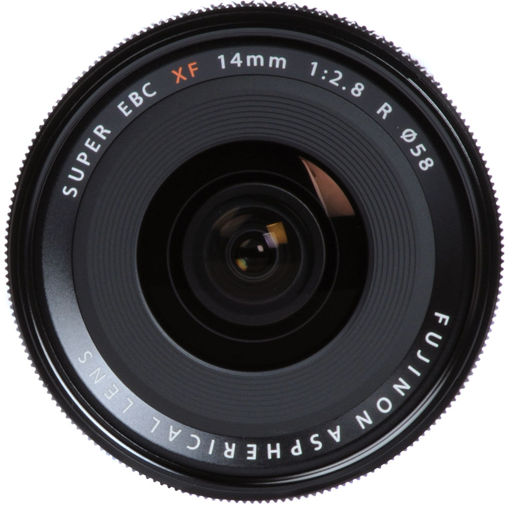 Fujifilm XF 14mm f/2.8 R ultra-wide-angle prime lens featuring 21mm equivalent focal length, 10 optical elements including 2 aspherical and 3 extra-low dispersion elements, and rounded 7-blade aperture for sharp landscape and architecture photography.