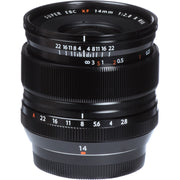 Fujifilm XF 14mm f/2.8 R ultra-wide-angle prime lens featuring 21mm equivalent focal length, 10 optical elements including 2 aspherical and 3 extra-low dispersion elements, and rounded 7-blade aperture for sharp landscape and architecture photography.