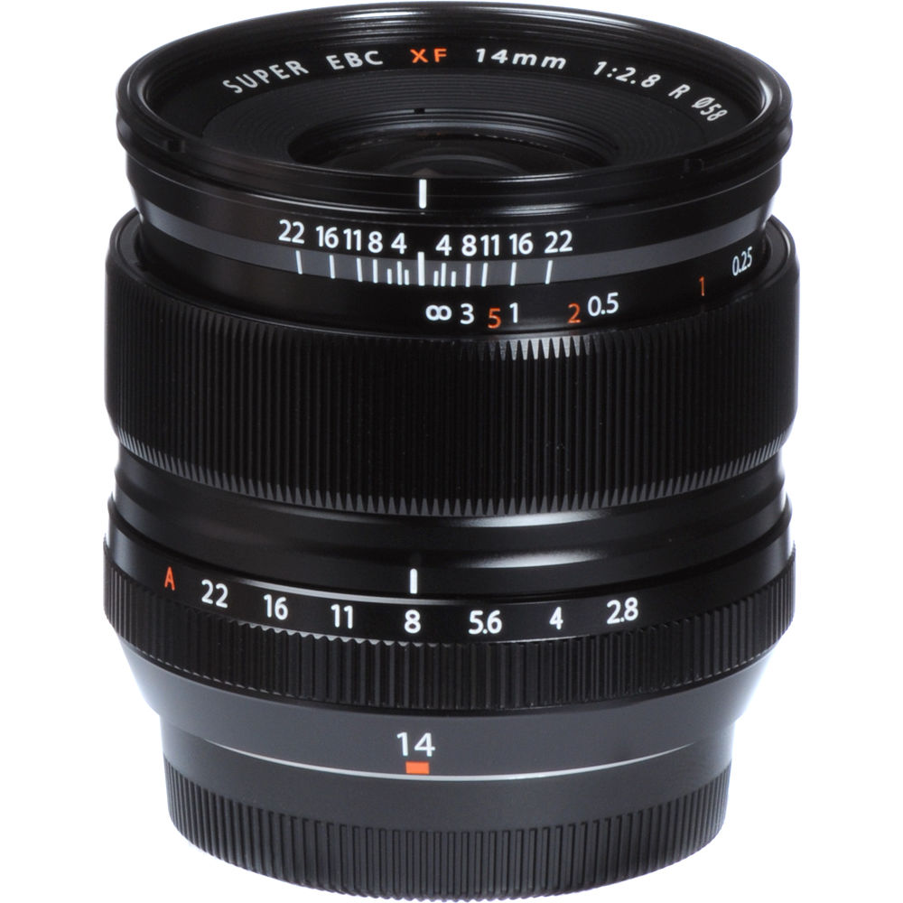 Fujifilm XF 14mm f/2.8 R ultra-wide-angle prime lens featuring 21mm equivalent focal length, 10 optical elements including 2 aspherical and 3 extra-low dispersion elements, and rounded 7-blade aperture for sharp landscape and architecture photography.