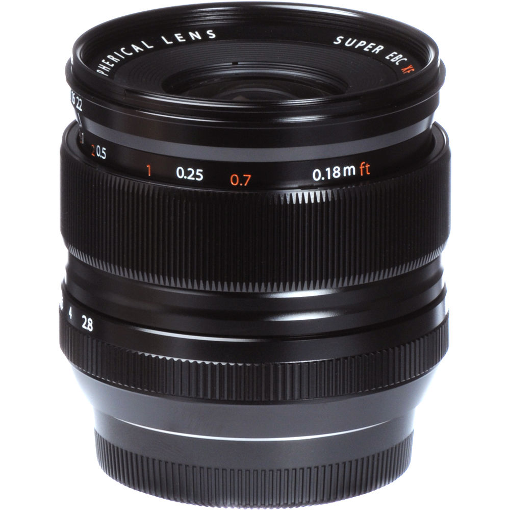 Fujifilm XF 14mm f/2.8 R ultra-wide-angle prime lens featuring 21mm equivalent focal length, 10 optical elements including 2 aspherical and 3 extra-low dispersion elements, and rounded 7-blade aperture for sharp landscape and architecture photography.