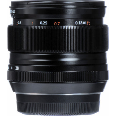 Fujifilm XF 14mm f/2.8 R ultra-wide-angle prime lens featuring 21mm equivalent focal length, 10 optical elements including 2 aspherical and 3 extra-low dispersion elements, and rounded 7-blade aperture for sharp landscape and architecture photography.