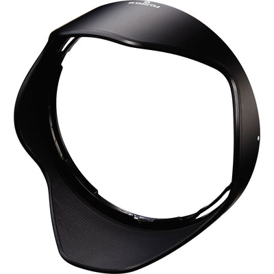 Black camera lens hood on a white background