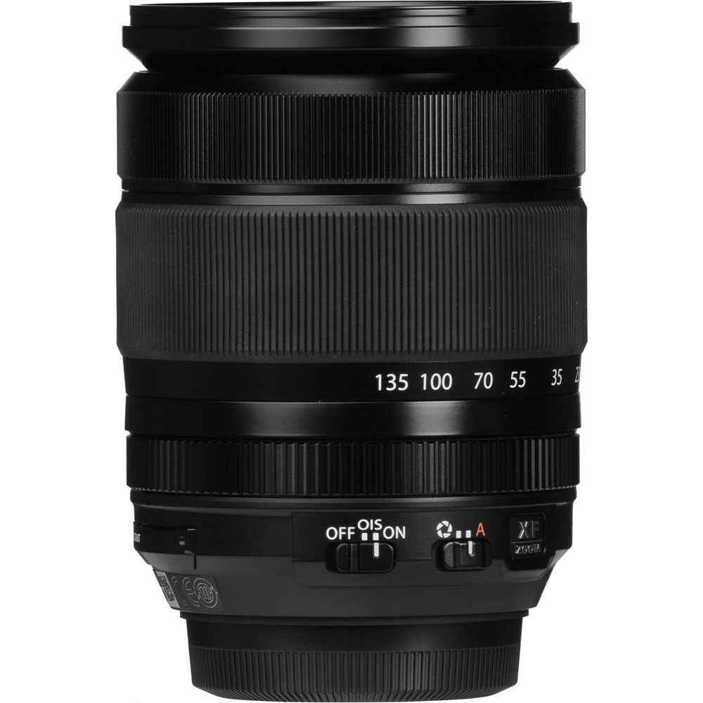 Black camera lens on a white background