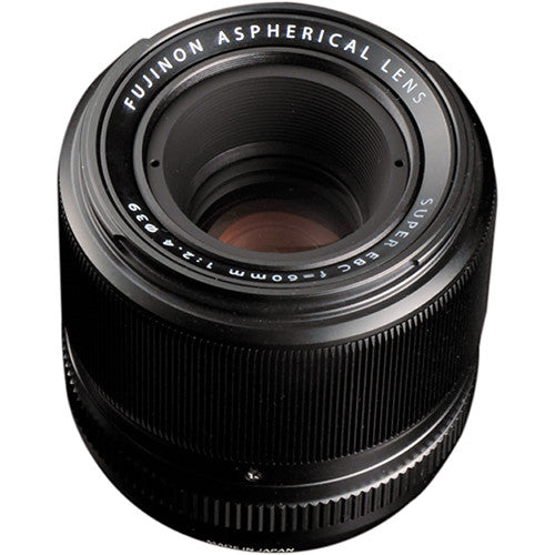 Fujifilm XF 60mm f/2.4 R Macro lens featuring 0.5x magnification, close focusing at 26.7cm, 9 rounded aperture blades, and optical elements for high-definition close-up and portrait photography.