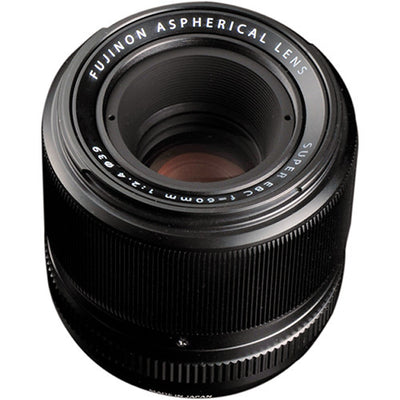 Fujifilm XF 60mm f/2.4 R Macro lens featuring 0.5x magnification, close focusing at 26.7cm, 9 rounded aperture blades, and optical elements for high-definition close-up and portrait photography.