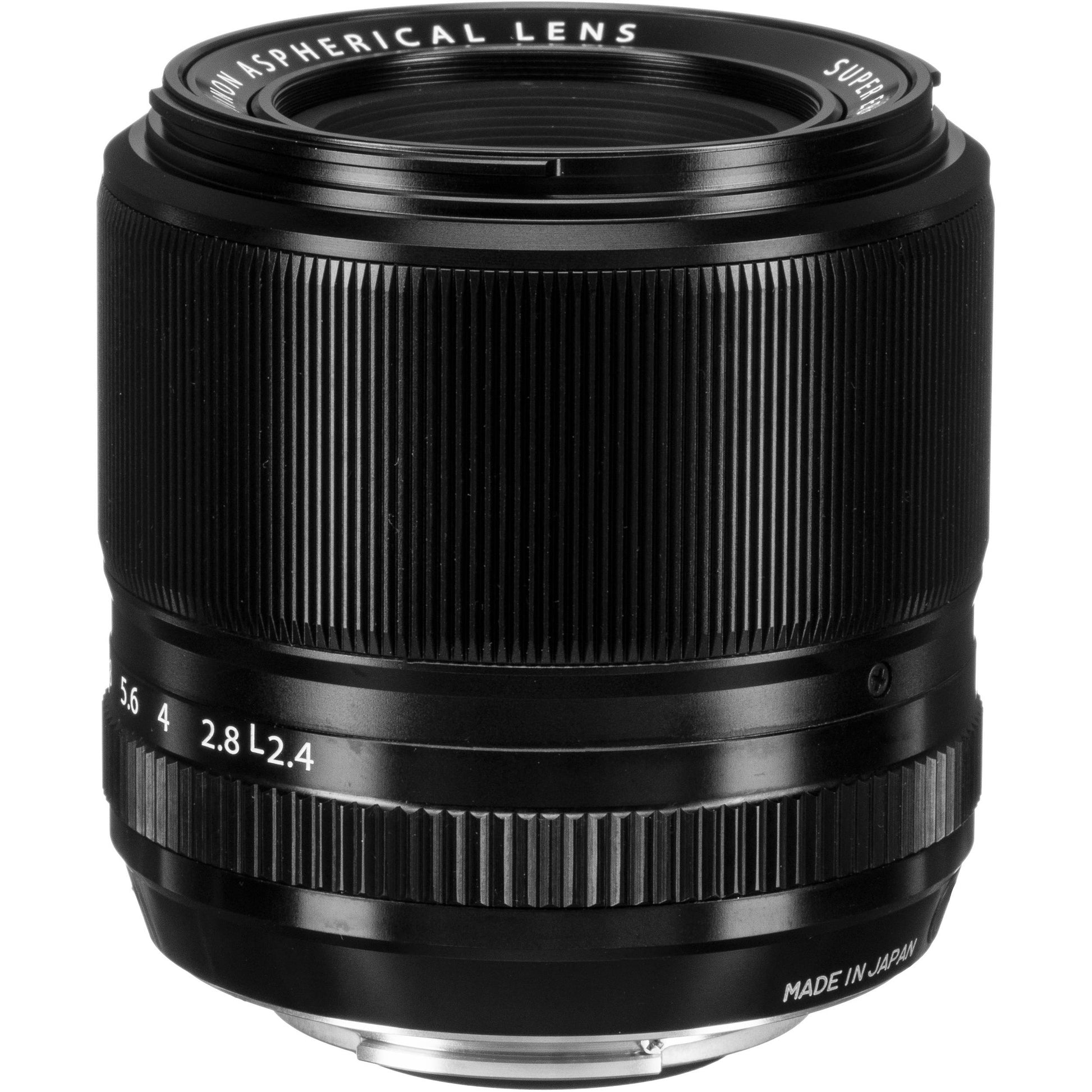 Fujifilm XF 60mm f/2.4 R Macro lens featuring 0.5x magnification, close focusing at 26.7cm, 9 rounded aperture blades, and optical elements for high-definition close-up and portrait photography.