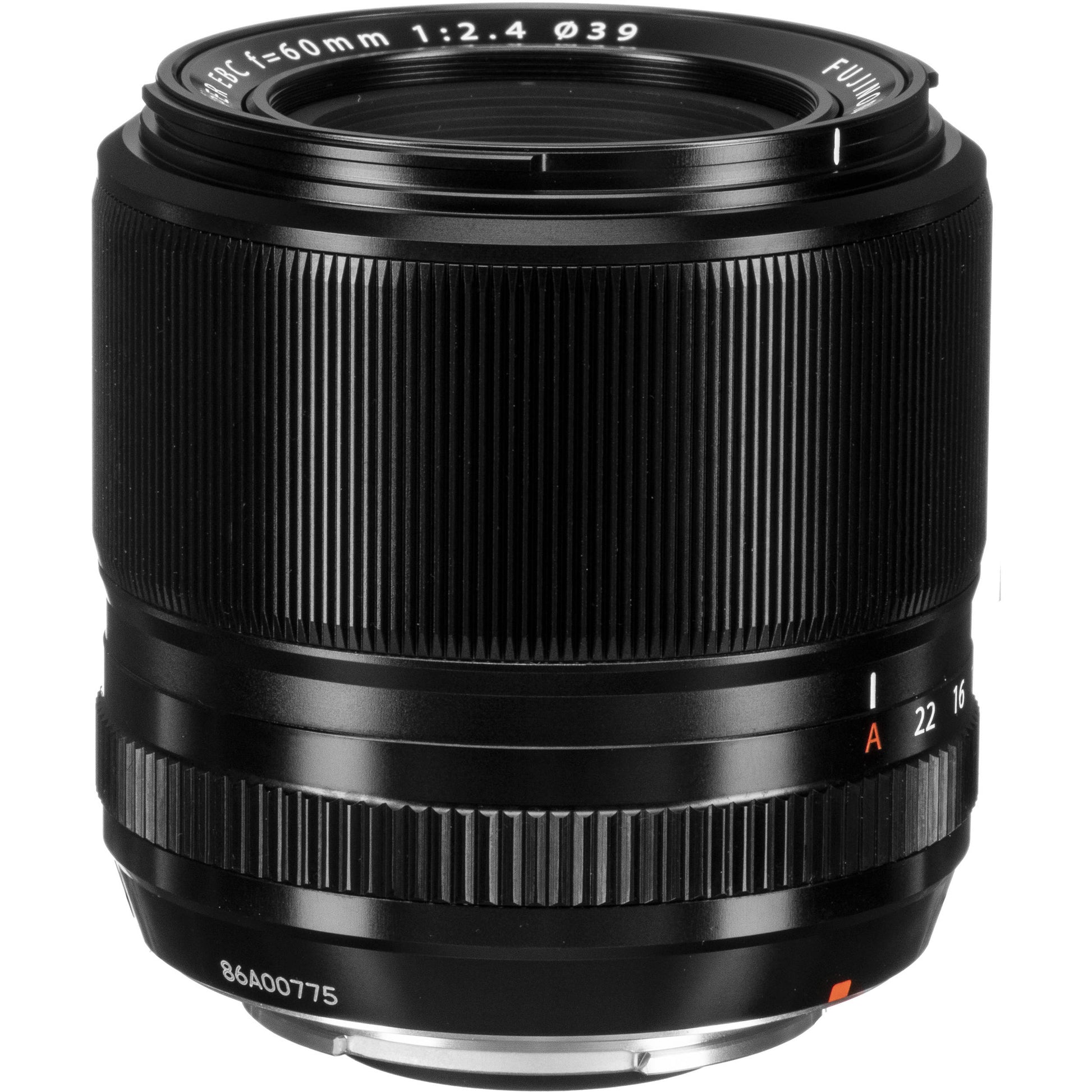 Fujifilm XF 60mm f/2.4 R Macro lens featuring 0.5x magnification, close focusing at 26.7cm, 9 rounded aperture blades, and optical elements for high-definition close-up and portrait photography.