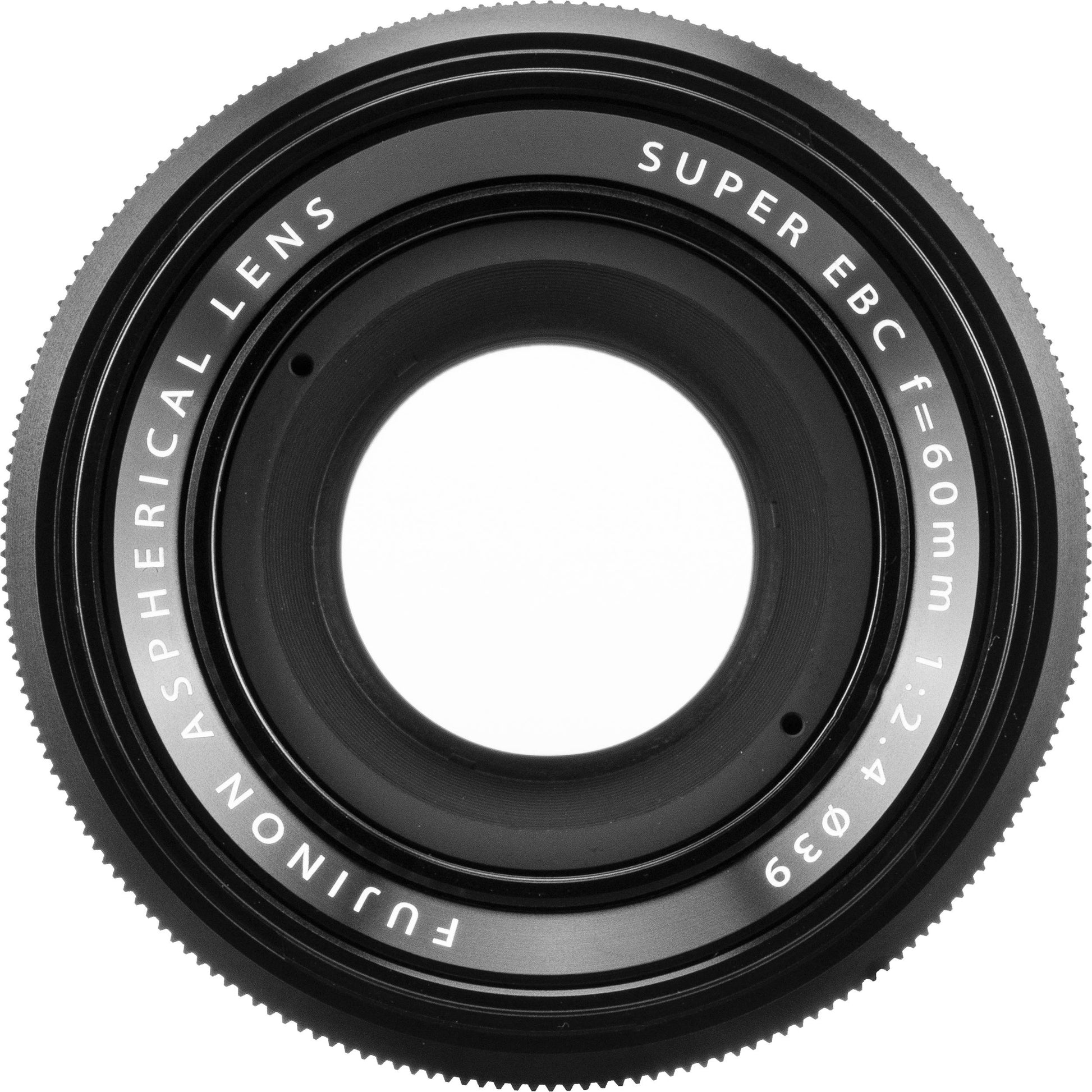 Fujifilm XF 60mm f/2.4 R Macro lens featuring 0.5x magnification, close focusing at 26.7cm, 9 rounded aperture blades, and optical elements for high-definition close-up and portrait photography.