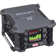 Zoom F6 Field Recorder with 6 XLR inputs and 32-bit float audio recording for professional film and field sound.