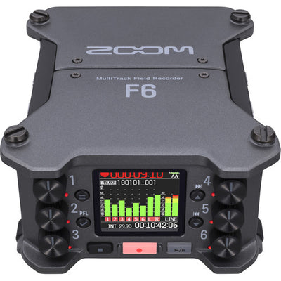 Zoom F6 Field Recorder with 6 XLR inputs and 32-bit float audio recording for professional film and field sound.