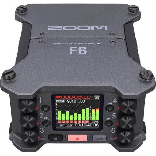 Zoom F6 Field Recorder with 6 XLR inputs and 32-bit float audio recording for professional film and field sound.