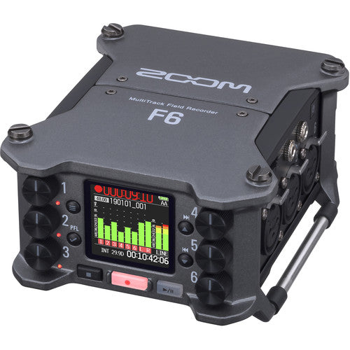 Zoom F6 Field Recorder with 6 XLR inputs and 32-bit float audio recording for professional film and field sound.