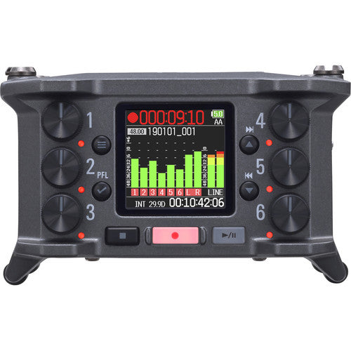 Zoom F6 Field Recorder with 6 XLR inputs and 32-bit float audio recording for professional film and field sound.
