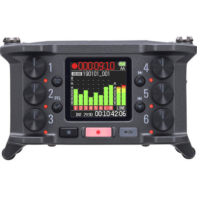 Zoom F6 Field Recorder with 6 XLR inputs and 32-bit float audio recording for professional film and field sound.