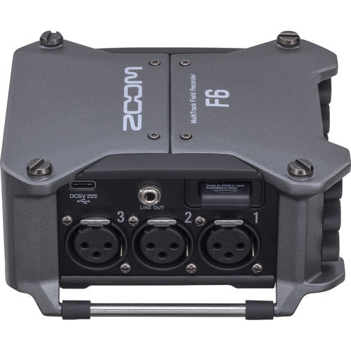 Zoom F6 Field Recorder with 6 XLR inputs and 32-bit float audio recording for professional film and field sound.