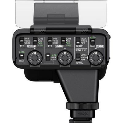 Sony XLR-K3M Dual-Channel XLR Audio Adaptor with Shotgun Microphone for professional sound recording on compatible Sony cameras.