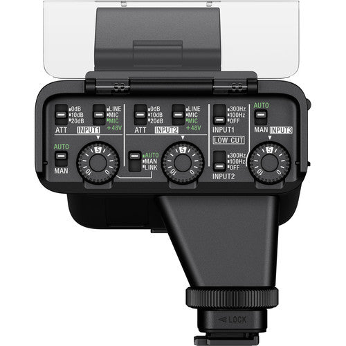 Sony XLR-K3M Dual-Channel XLR Audio Adaptor with Shotgun Microphone for professional sound recording on compatible Sony cameras.